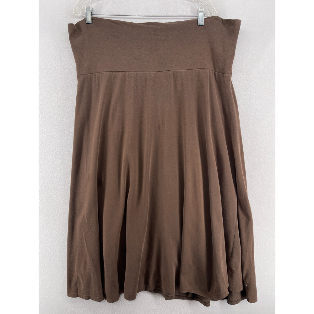 EILEEN FISHER Skirt L Cotton Jersey Swing A-Line Foldover Waistband Brown USA